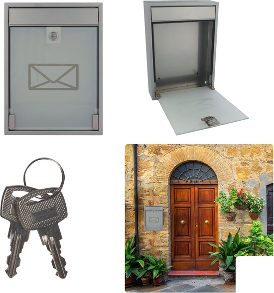 Boîte aux lettres Perel avec plaque nominative, boîte aux lettres murale Milan, fixation murale, avec serrure, couvercle, verrouillable, 2 clés incluses, façade en verre dépoli, 36 x 26 x 8 cm, gris argenté