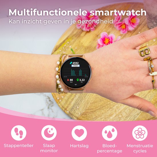 Nuvance Smartwatch Ladies - avec bracelet en acier inoxydable et en silicone - mesure le sport, le sommeil et le corps - or rose