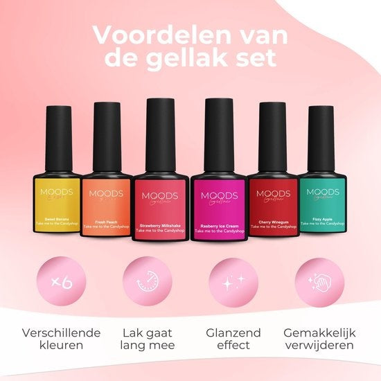 Moods Gellac 6-Piece Set - Gel Nail Polish - 8ML - Take me to the Candyshop Edition - Gellac - Nails - Gel Polish Starter Pack - Summer Colours