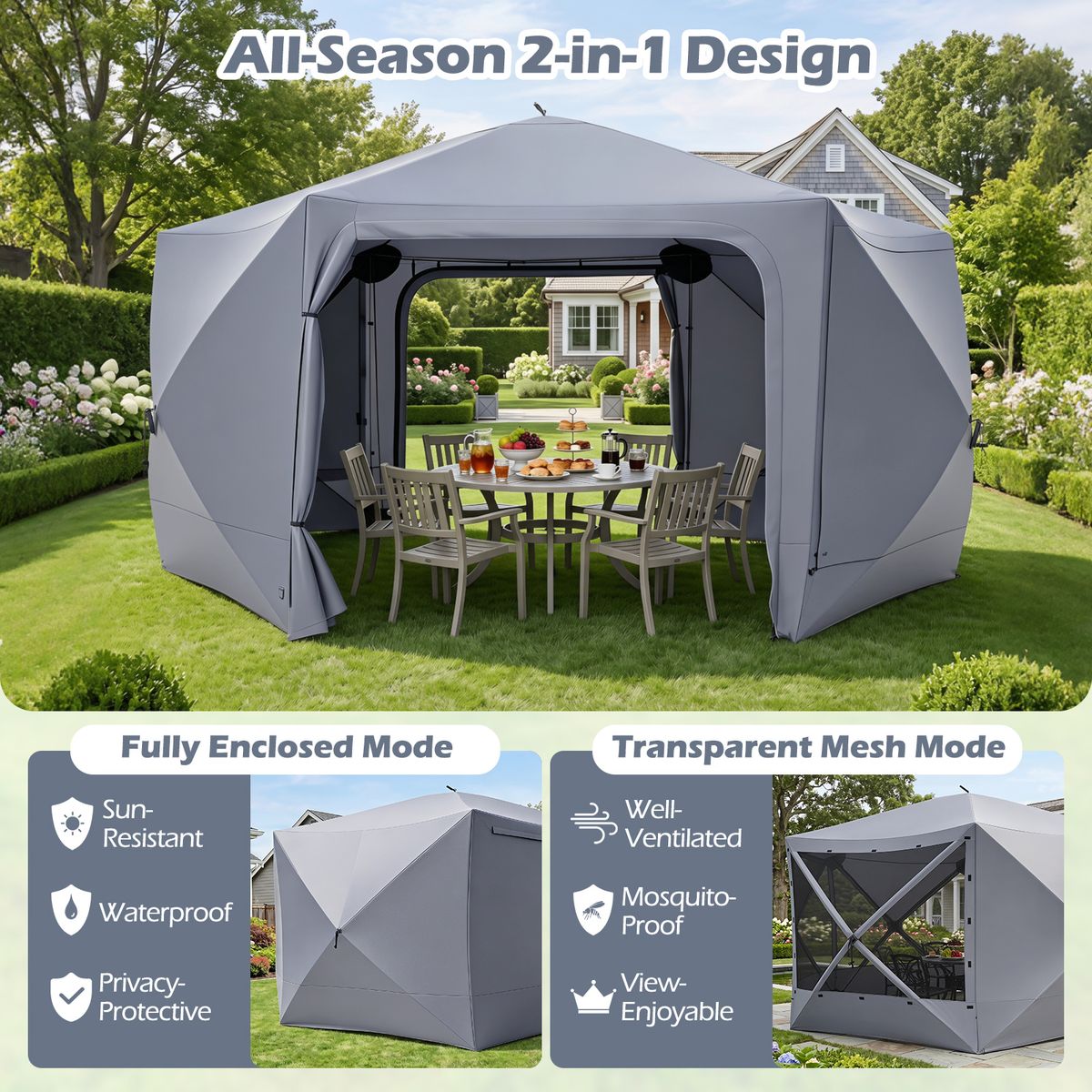 Pavillon de jardin éphémère Coast - hexagonal - avec 6 parois latérales et des moustiquaires - gris 427 x 427 cm