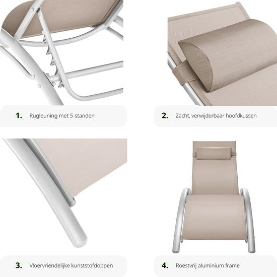 tectake® set de 2 chaises longues de jardin - chaises longues en aluminium - résistantes aux intempéries - idéales pour le jardin - balcon - terrasse - avec coussin de tête - dossier réglable en 5 directions - beige