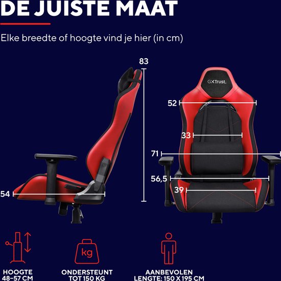 Trust GXT 714R Ruya - Fauteuil gaming ergonomique - Accoudoirs 3D - Tissu respirant et cuir PU - Jusqu'à 150 kg - Rouge