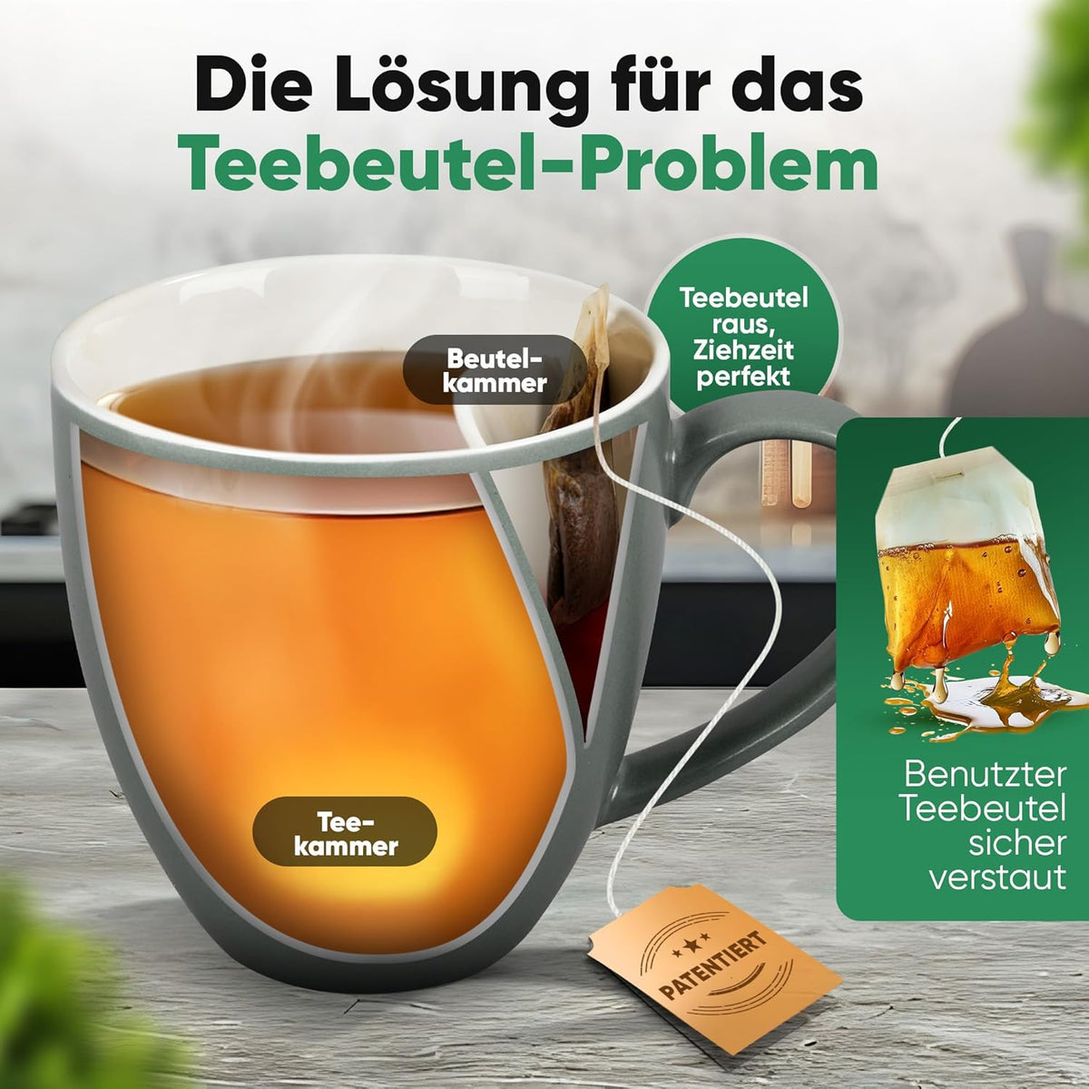 Neighbour's Friend Tasse à thé brevetée grise Boîte cadeau I Tasse en céramique grande 325ml I Tasse à thé en faïence I Tasse en céramique pour le thé I Tasses à thé lavables au lave-vaisselle I Design moderne pour les buveurs de thé