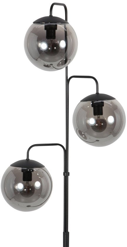 Lampadaire Bollique 4611ZW de Steinhauer - Élégant modèle en métal noir avec 3 boules en verre fumé, hauteur 173 cm, pied rond de 40 cm, idéal pour un usage intérieur