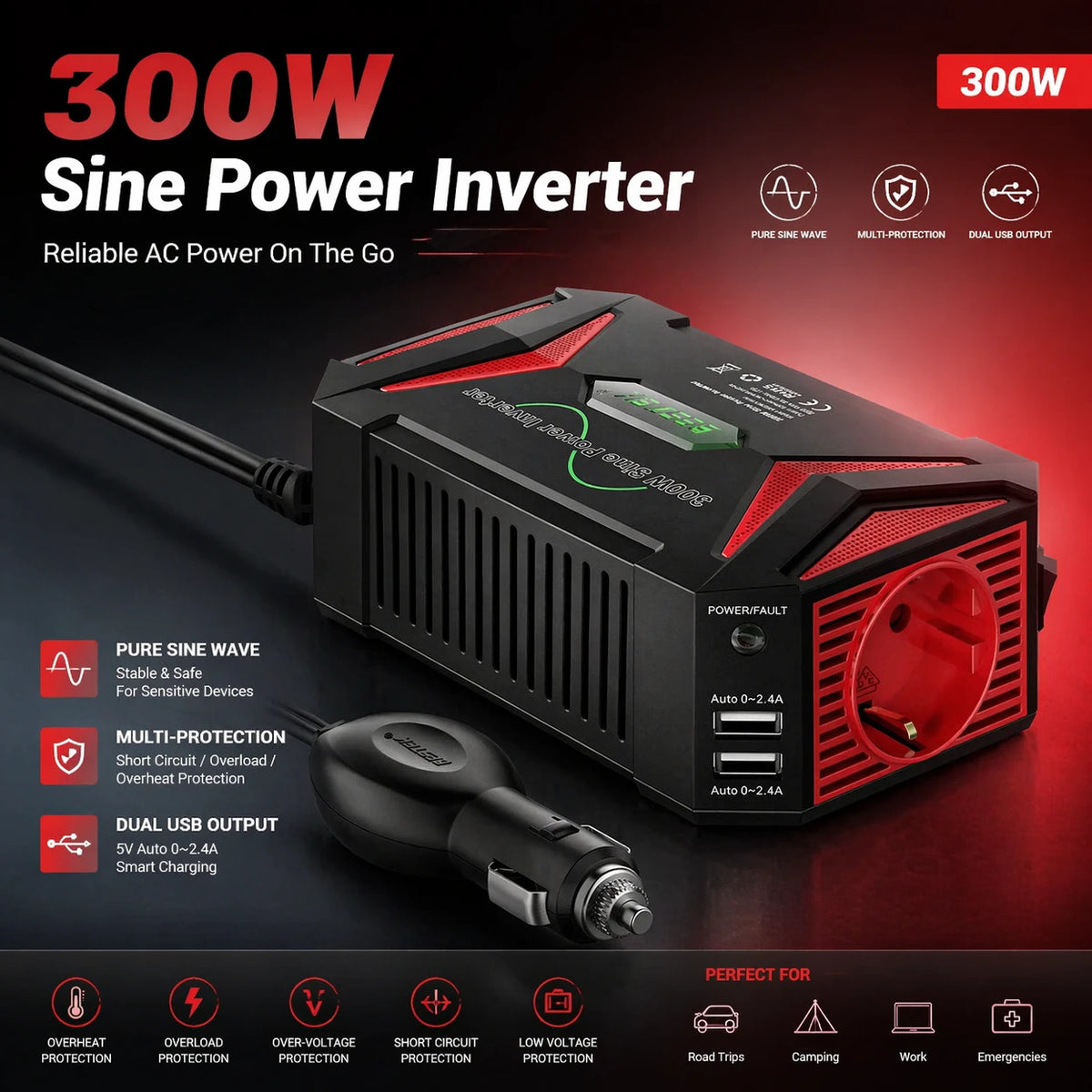 BESTEK Convertisseur à onde sinusoïdale pure - 12 V à 230 V - 300 W - Rouge