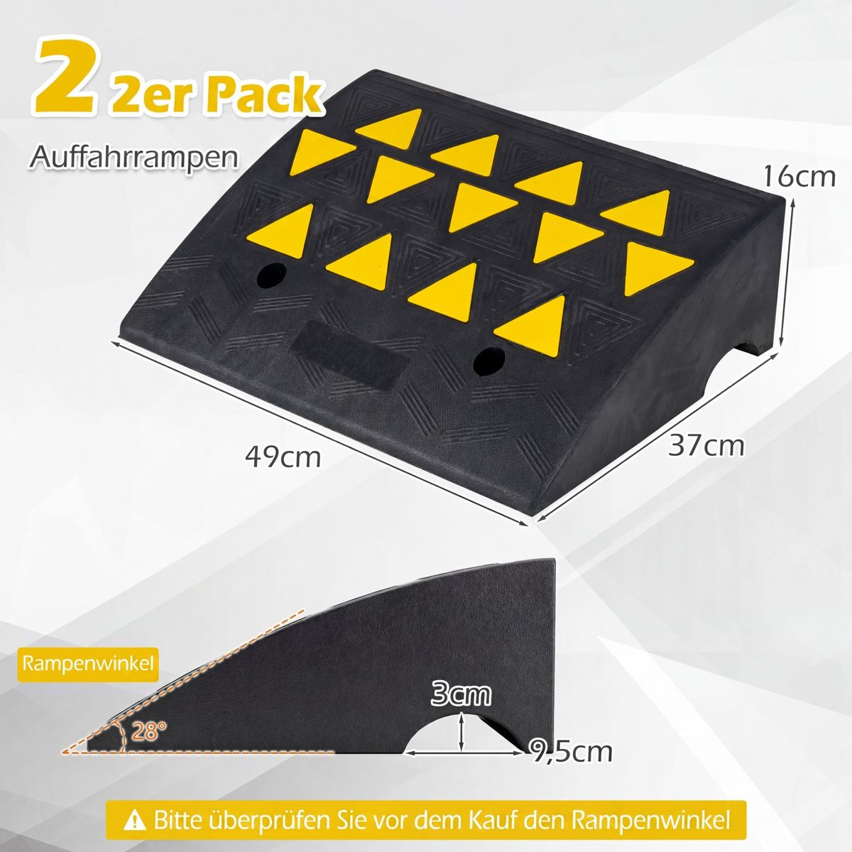 Kit de rampes d'accès Coast - capacité de charge de 15 tonnes - caoutchouc antidérapant - noir/jaune - 49 x 37 x 16 cm