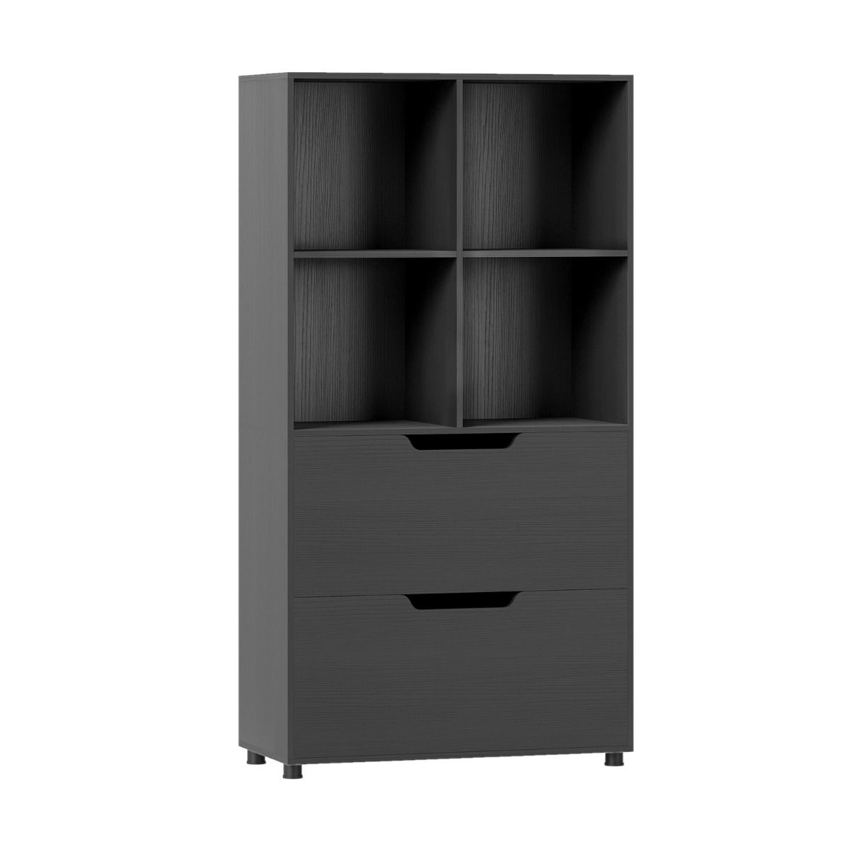 Bibliothèque Coast - quatre étagères ouvertes - deux grands tiroirs - noir - 70 x 33,5 x 130 cm