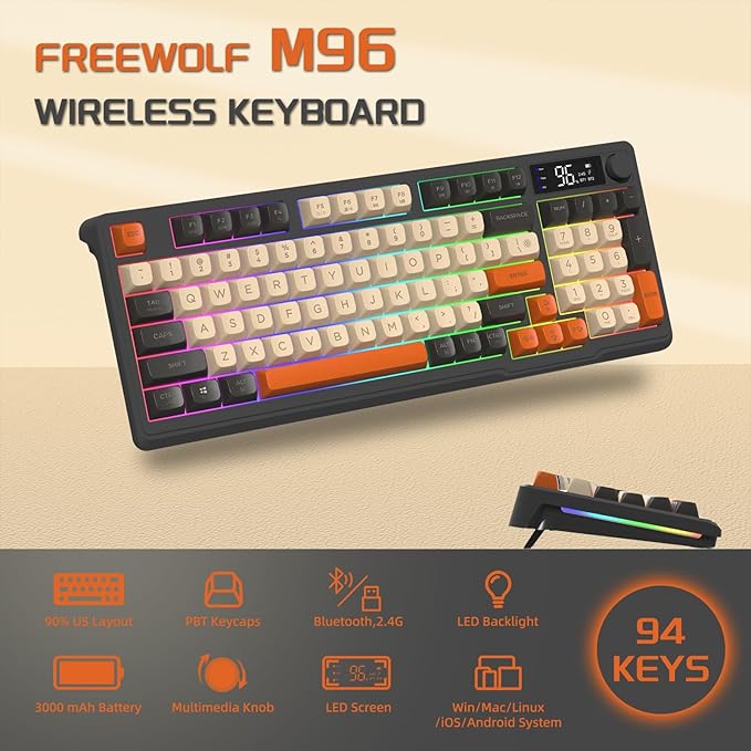 FREEWOLF M96 Wireless Gaming Keyboard, clavier mécanique sans fil Bluetooth/2.4G, rétro-éclairage LED RGB avec écran, capuchon de clavier PBT, 3000mAh, US Layout pour Win/Mac Flickering