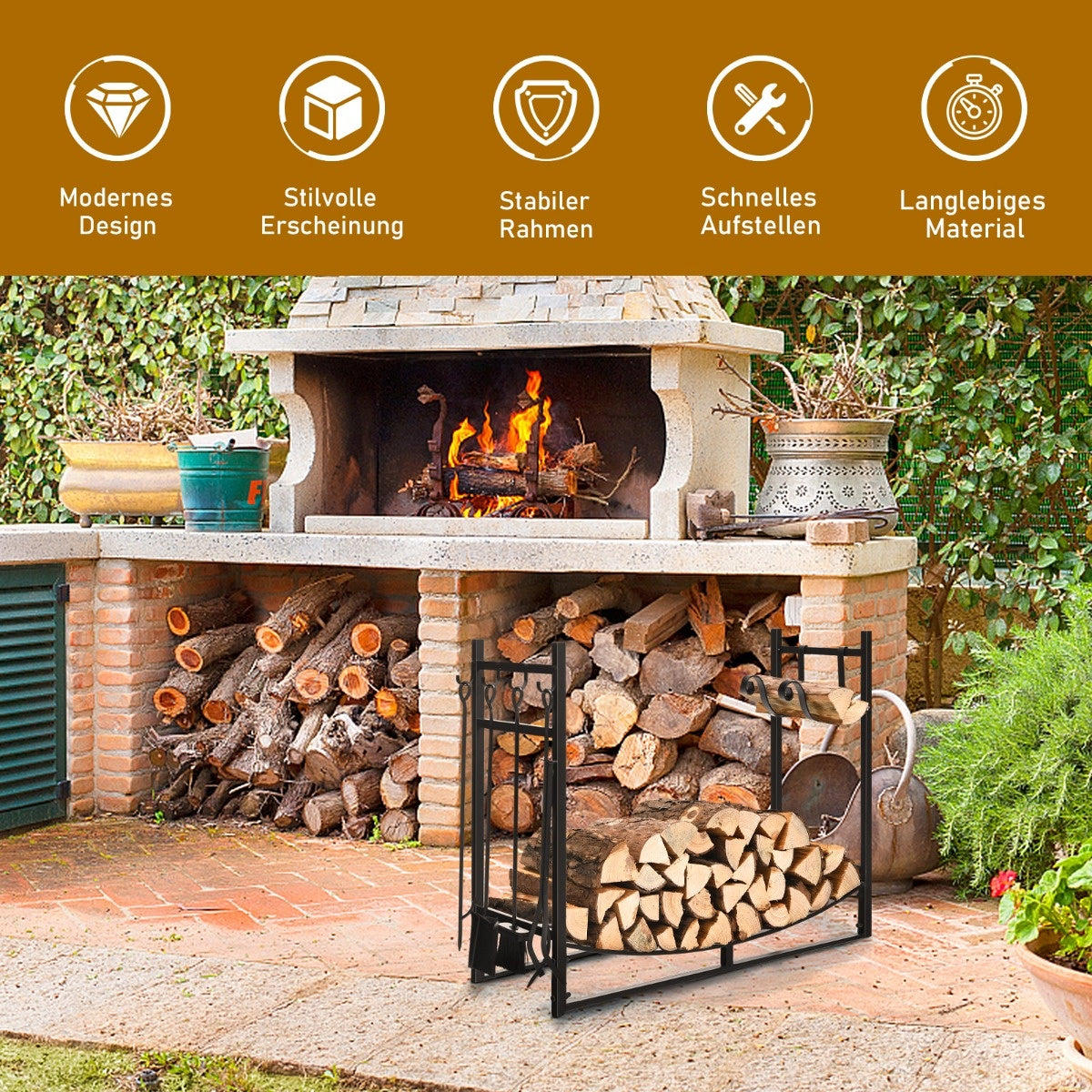 Coast Robust Firewood Shelf & Tool Set with cancellation Wood Owner & Shovel 91x33x76cm black