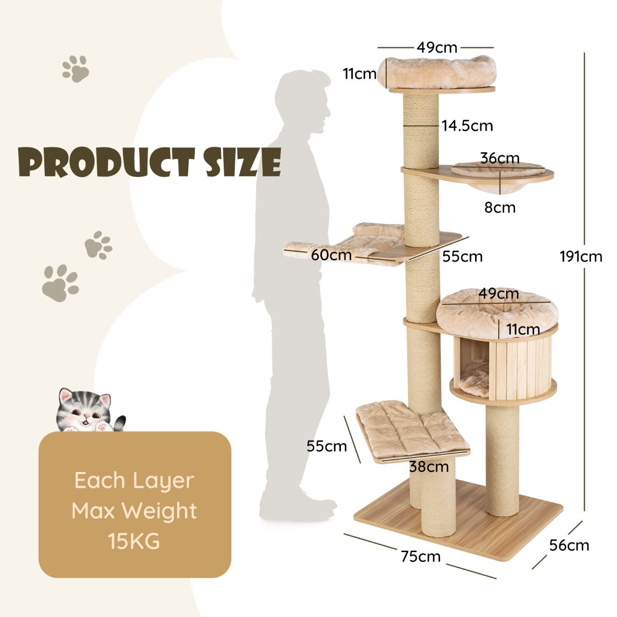Structure d'escalade pour chats Coast - Plusieurs niveaux - Arbres à griffer et niche - Hamac et tapis lavables - Beige 75 x 56 x 191 cm