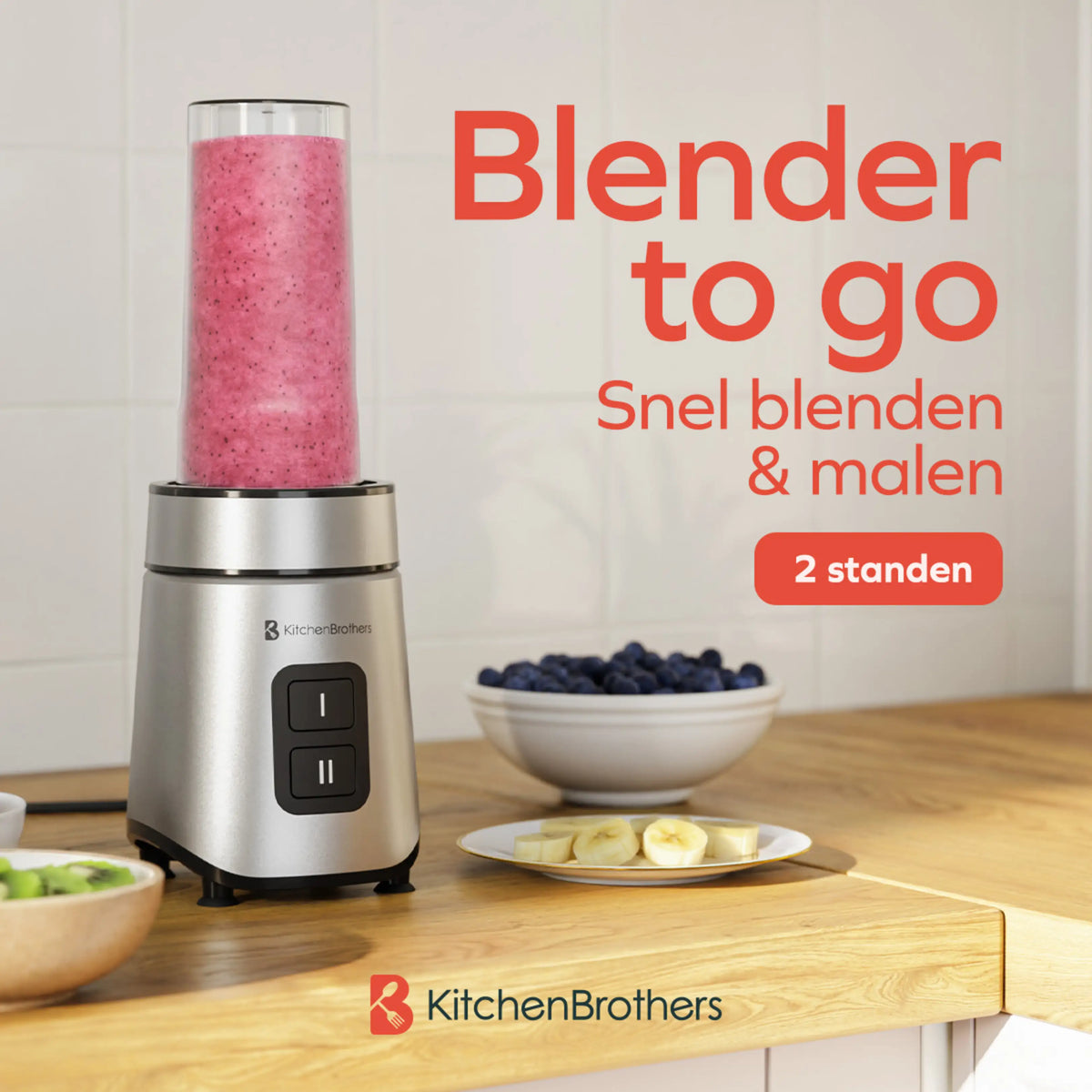 Mini-mixeur KitchenBrothers To-Go avec 2 bouteilles de 600 ml - 550 W - 4 lames en acier inoxydable - Noir