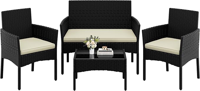 Ensemble de salon en polyrotin 4 pièces Yaheetech – Canapé 2 places, 2 fauteuils et table en verre – Noir/Gris