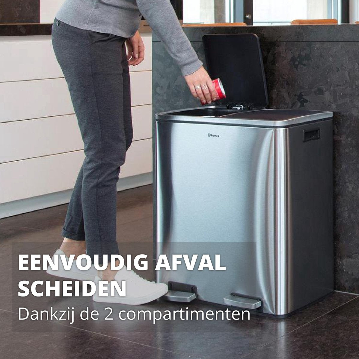 Homra QUICKX Duo - Poubelle - Séparation des déchets - 2 compartiments - acier inoxydable - 60 litres (2x30 L)