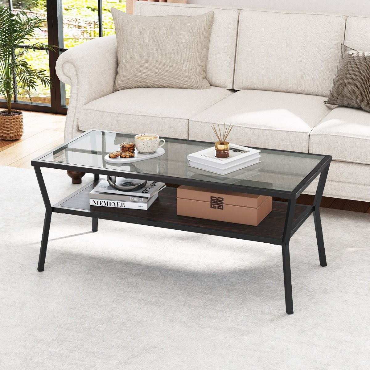 Table basse Coast rectangulaire - plateau en verre trempé - piètement en métal - gris et noir