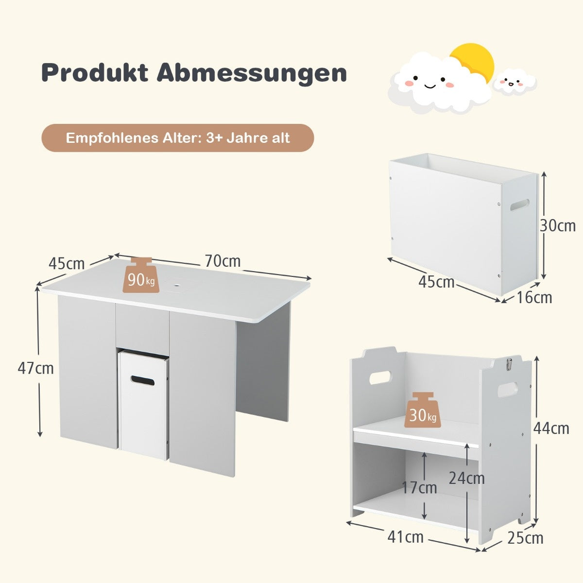 Coast 3-delige set gemaakt van tafel en stoelen voor kinderen Activiteitstafel met 2 stapelbare stoelen grijs en wit