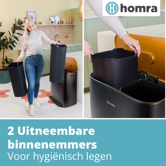 Poubelle Homra Rockx 60 litres - Poubelle à double pédale 2 x 30 L avec filtre anti-odeurs - Poubelle de tri sélectif en acier inoxydable à 2 compartiments - Poubelle de recyclage - Poubelle de cuisine - Poubelle de tri sélectif - Poubelles doubles noir e