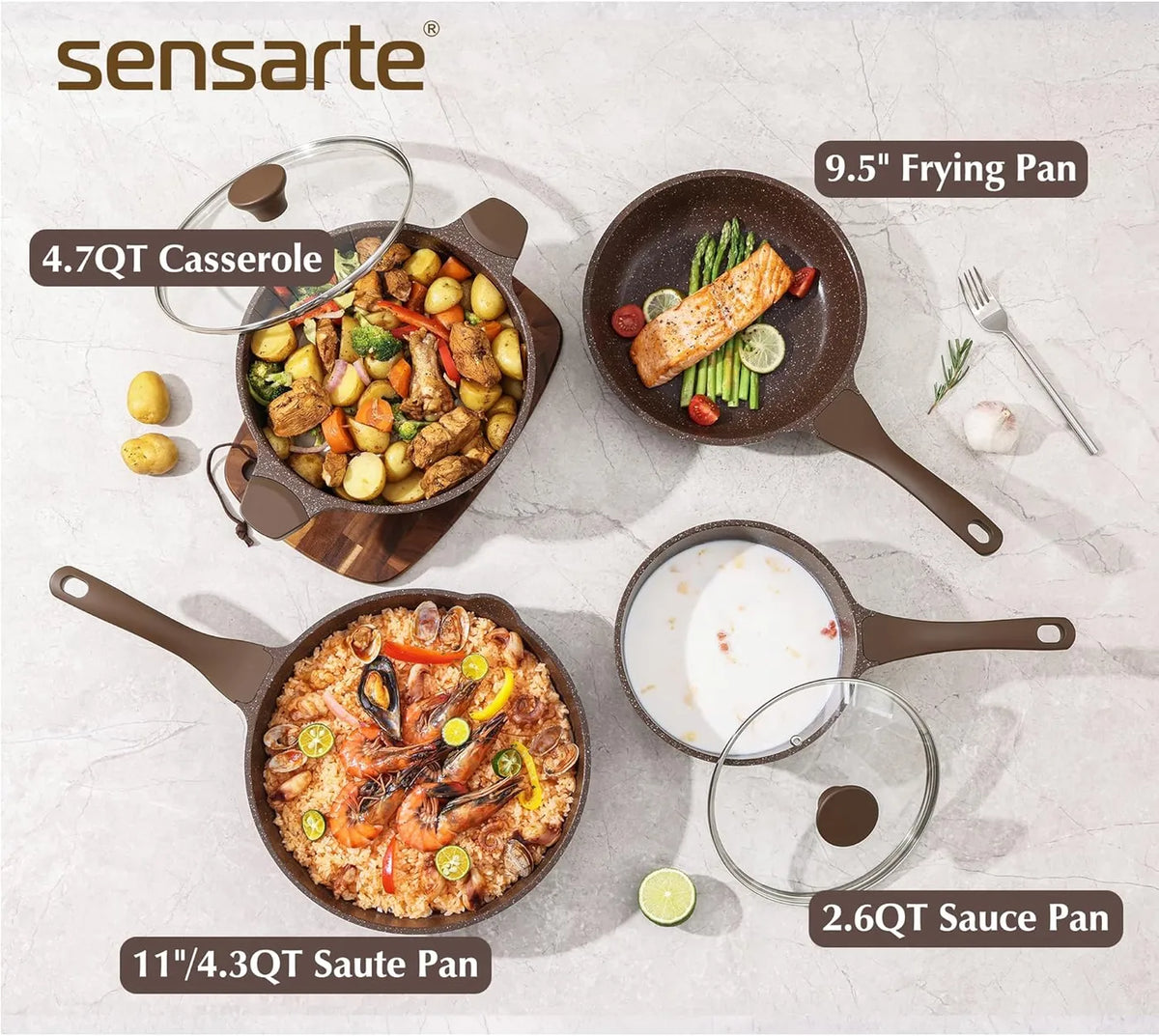 Ensemble de casseroles antiadhésives SENSARTE, 13 pièces - Brun caramel - Revêtement granit, sans PFOA