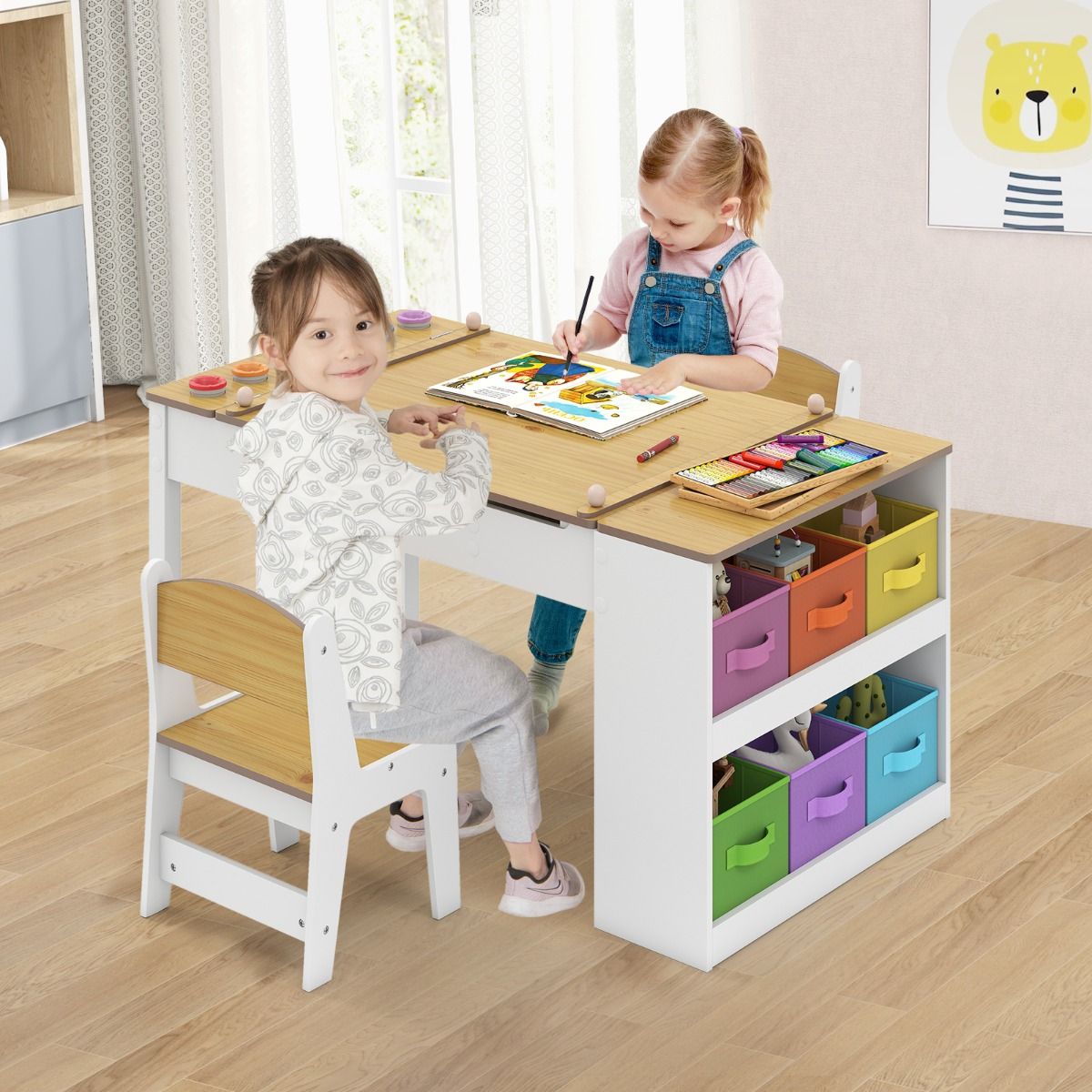 Table d'art et ensemble de chevalets pour enfants Coast - conception multifonctionnelle 2-en-1 - avec 2 chaises - blanc et naturel