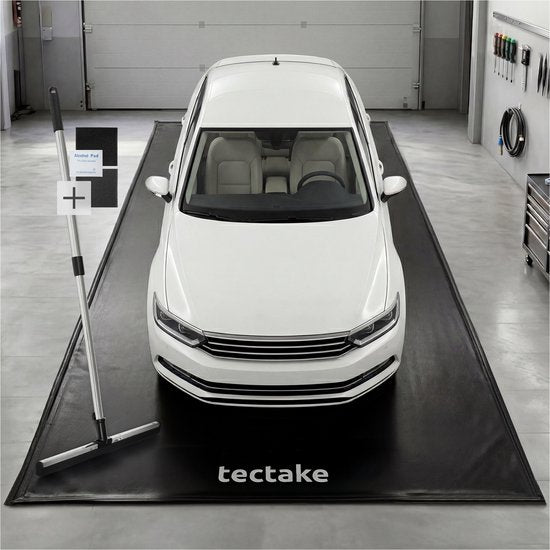 Tapis de garage tectake® - Tapis de sol - 550 x 240 cm - Antidérapant et imperméable - Livré avec une poignée télescopique, des patins velcro et des lingettes alcoolisées - Tapis écologique - Tapis d'atelier - Pour garage, moto et voiture