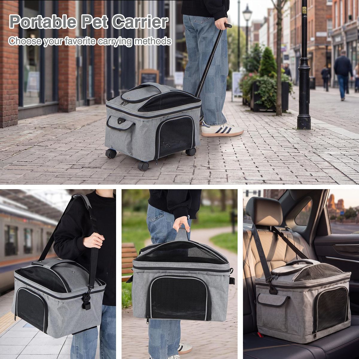 Coast : cage de transport pliable pour chats et petits chiens - avec roulettes - 3 modes de transport - gris