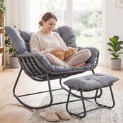 Fauteuil à bascule Coast avec repose-pieds - conception ergonomique - rotin PE et structure métallique - noir/gris/beige