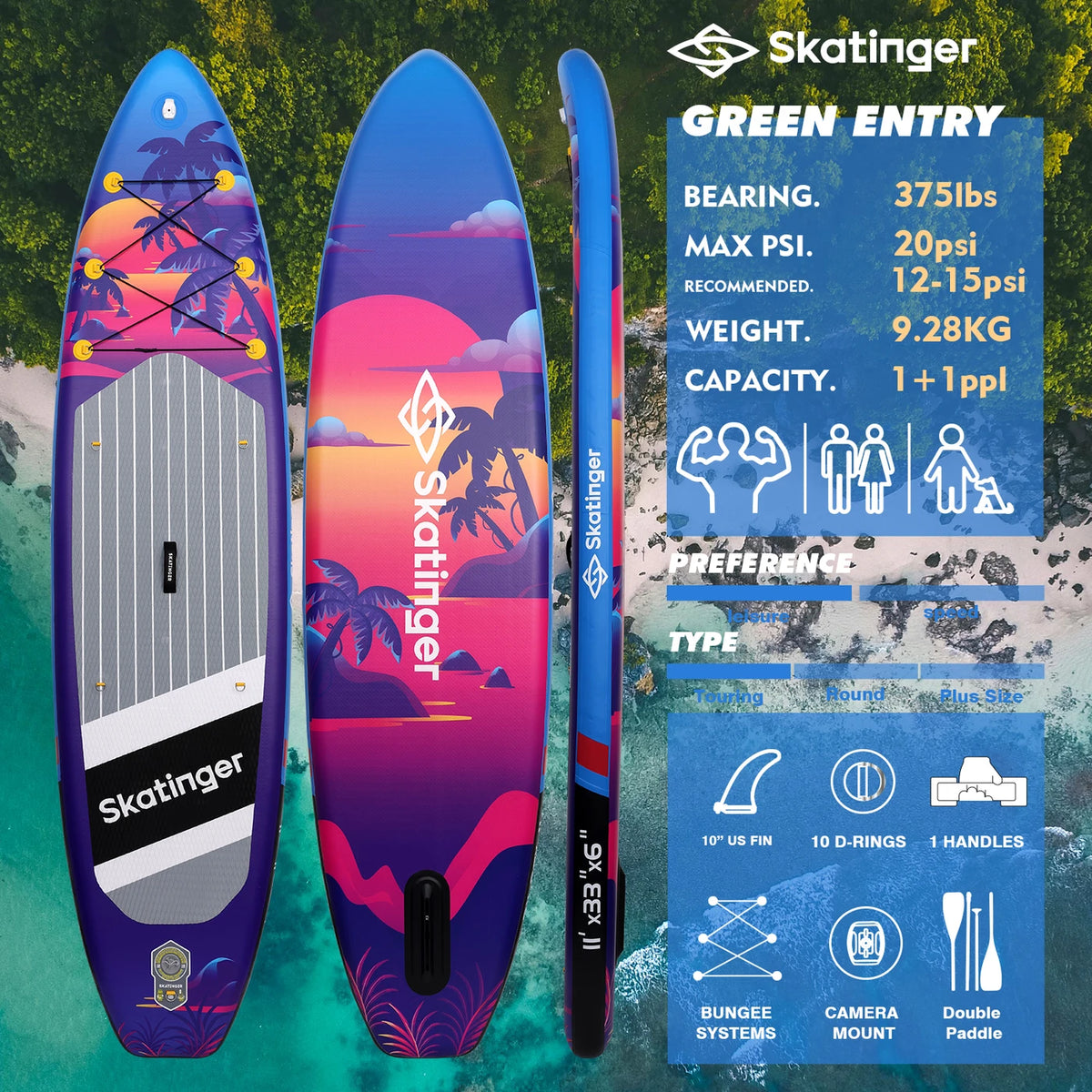 Planche de stand-up paddle SKATINGER Sunset 11 x 33 x 6 pouces - PVC - Double paroi - Jusqu'à 20 PSI