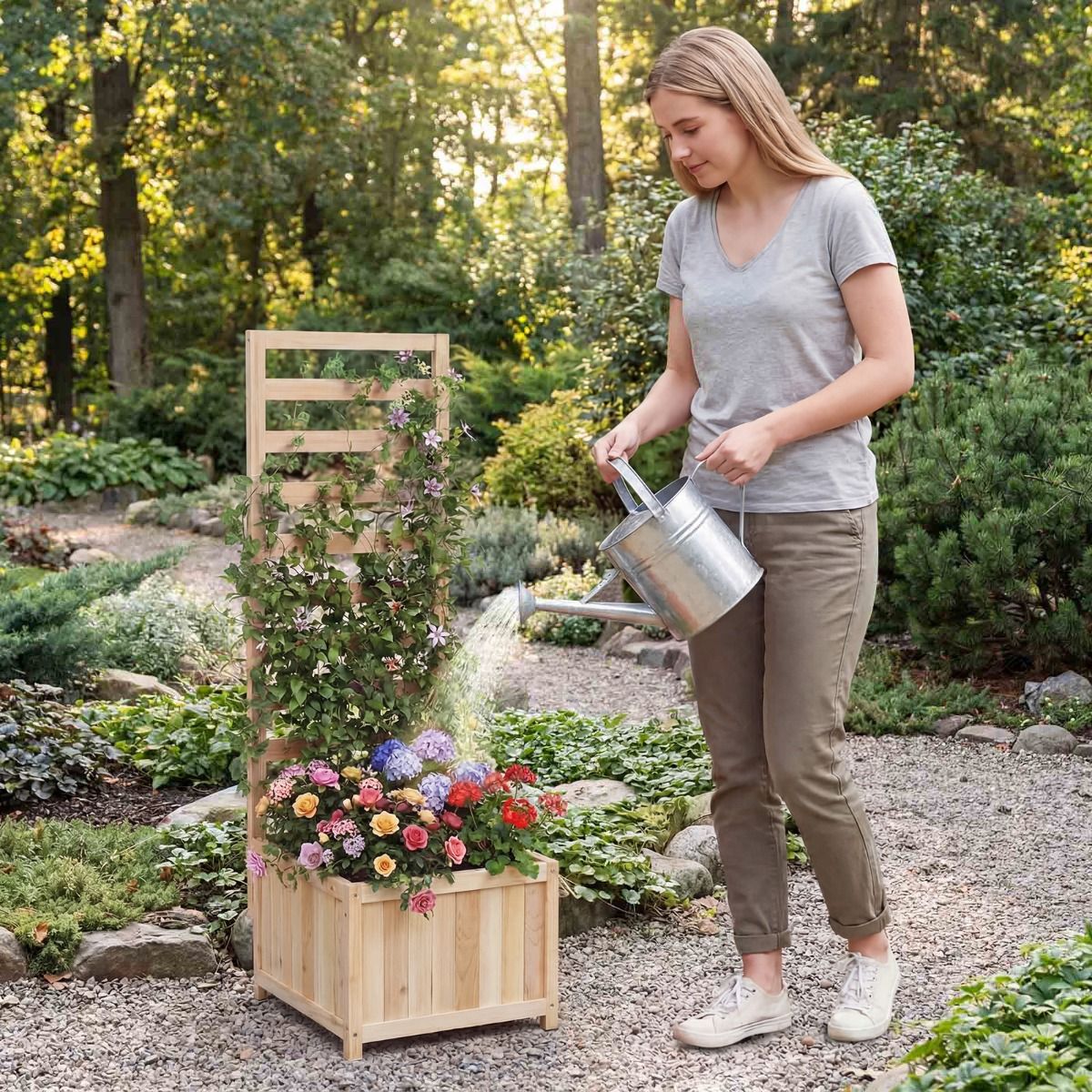 Jardinière surélevée en bois Coast avec treillis d'escalade - avec trous de drainage - panneaux réglables - couleur naturelle - 123 cm