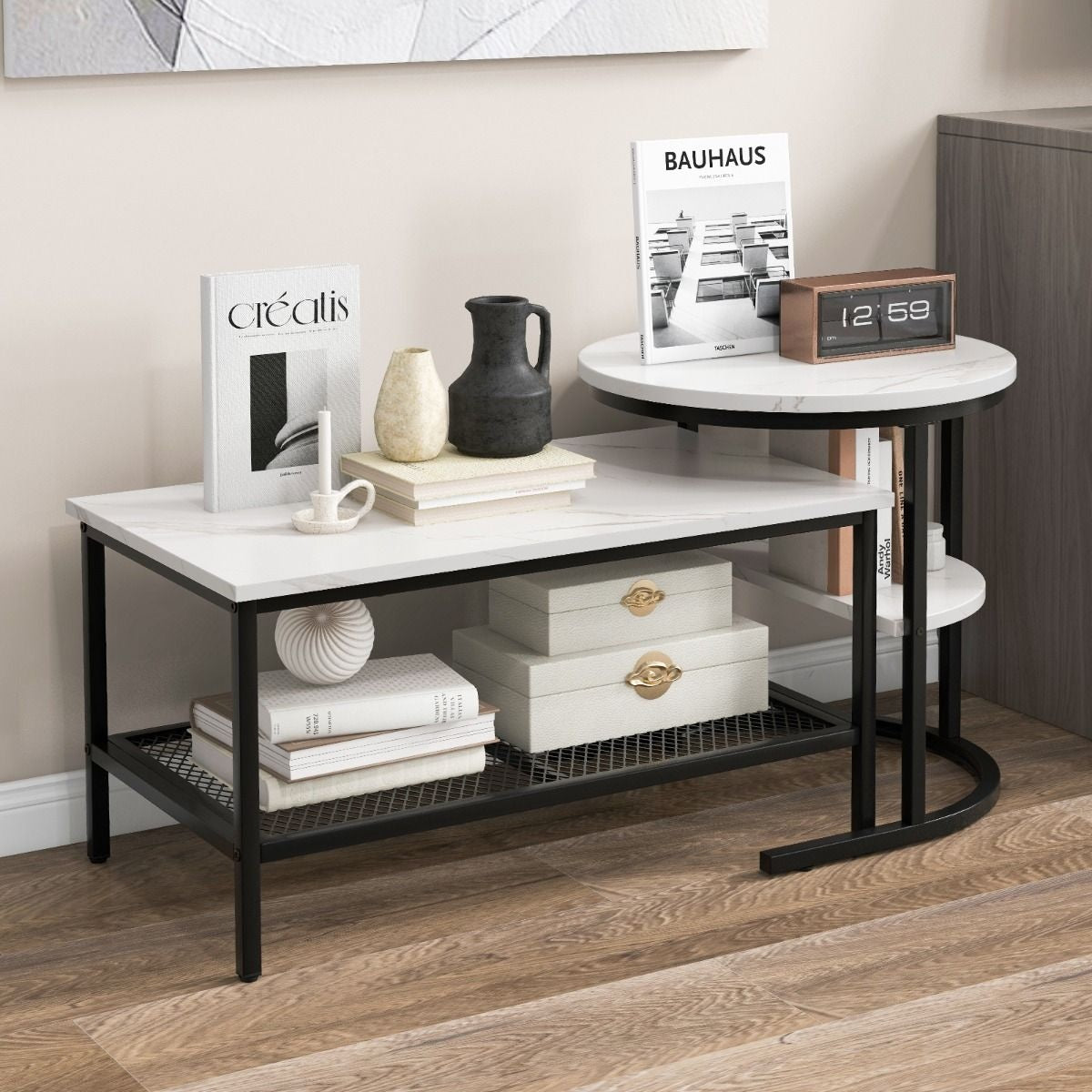 Coast Side Table - Set of 2 - Marble print - White/Black