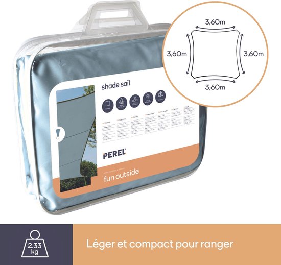 Perel Toile d'ombrage, hydrofuge, 3,6 x 3,6 m, 160 g/m², polyester, carré, gris clair