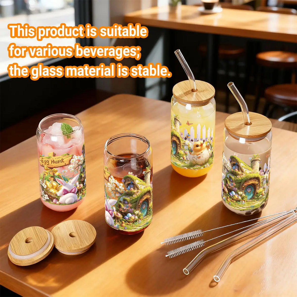 Verre de Pâques Alphynix avec couvercle et paille - Motif de conte de fées - 500 ml - Multicolore
