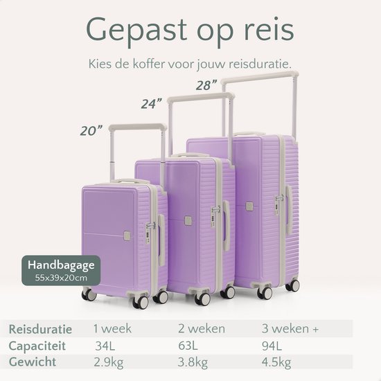 Skycases City Walker - Valise pour bagage à main - 34L - Légère et solide - Roues pivotantes à 360° - Verrouillage TSA - Housse de protection incluse - Compacte et spacieuse - Violet