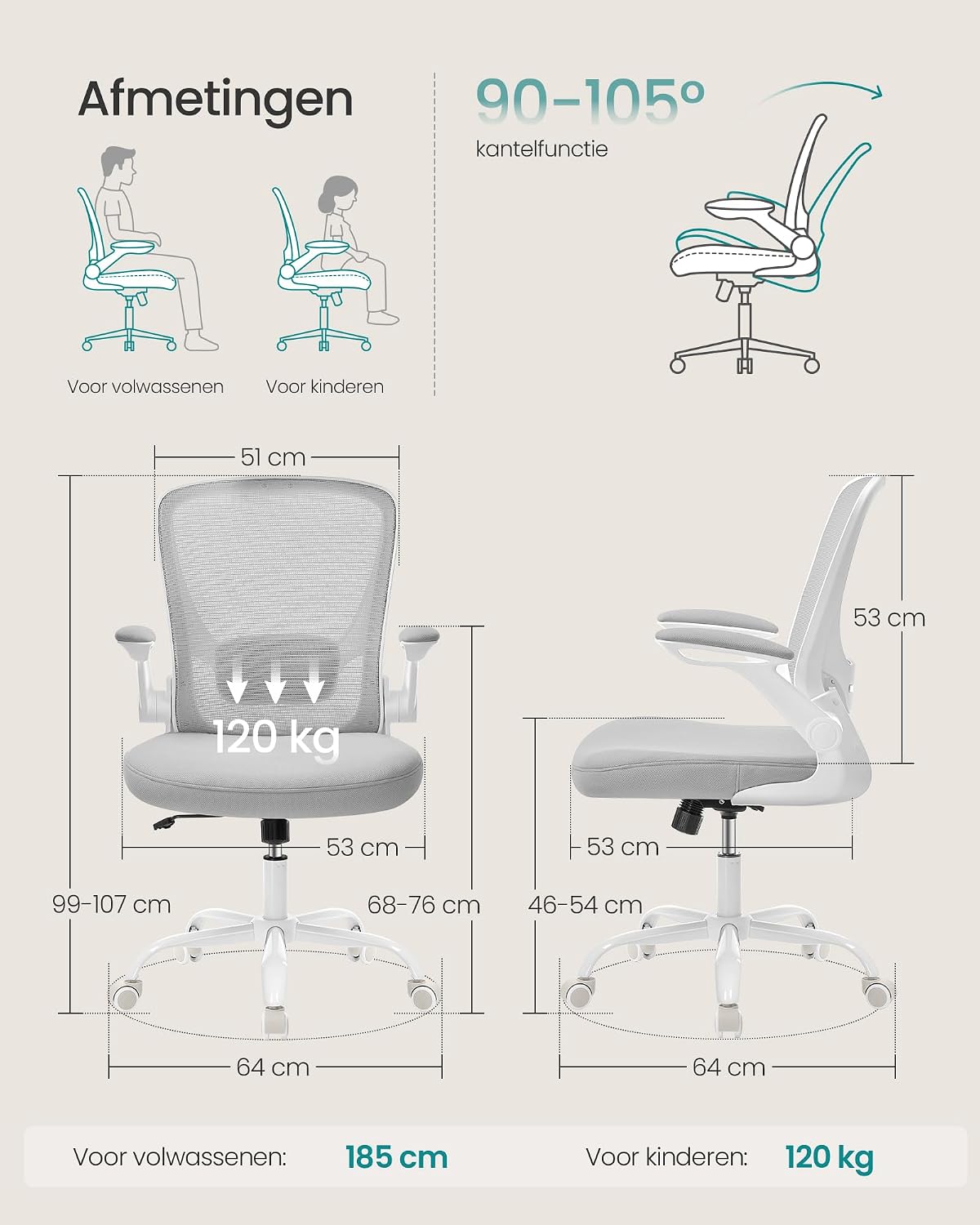 Chaise de bureau ergonomique Songmics KIME - Gris clair - 64 x 64 x (99–107) cm