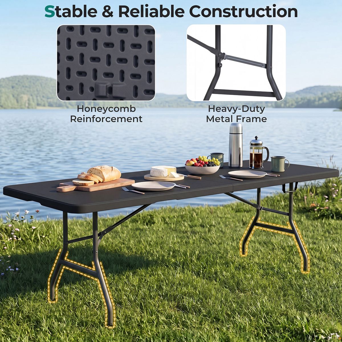 Table de jardin pliante Coast - pour 10 personnes - poignée de transport - noire - 244 x 75 cm