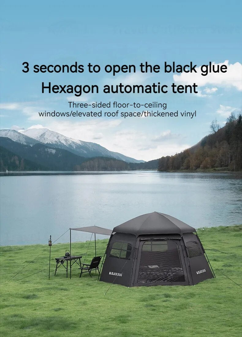 Tente automatique Blackdog Hexagon CBD2300QT012 – 12,5 m² – UPF50+ – PU 3 000 mm – Noir