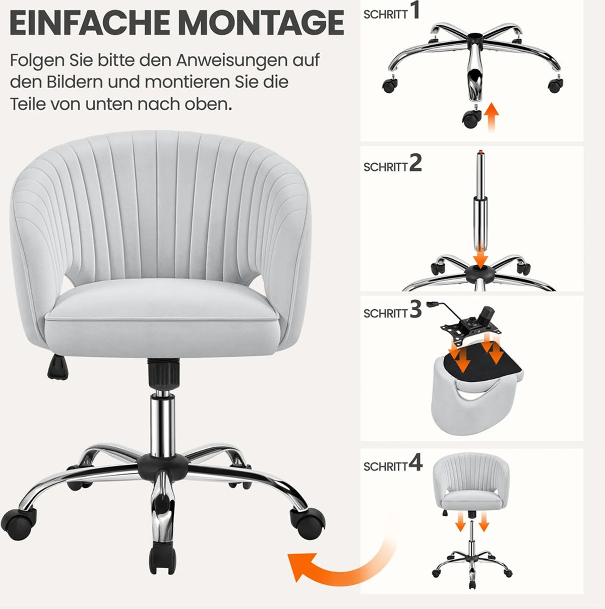 Yaheetech Fauteuil de bureau Fauteuil - 60 x 56,5 x 73-83 cm - avec rembourrage doux et velouté, hauteur d'assise réglable et fonction relaxante - pour le bureau et la salle de réception - polyester gris clair et métal