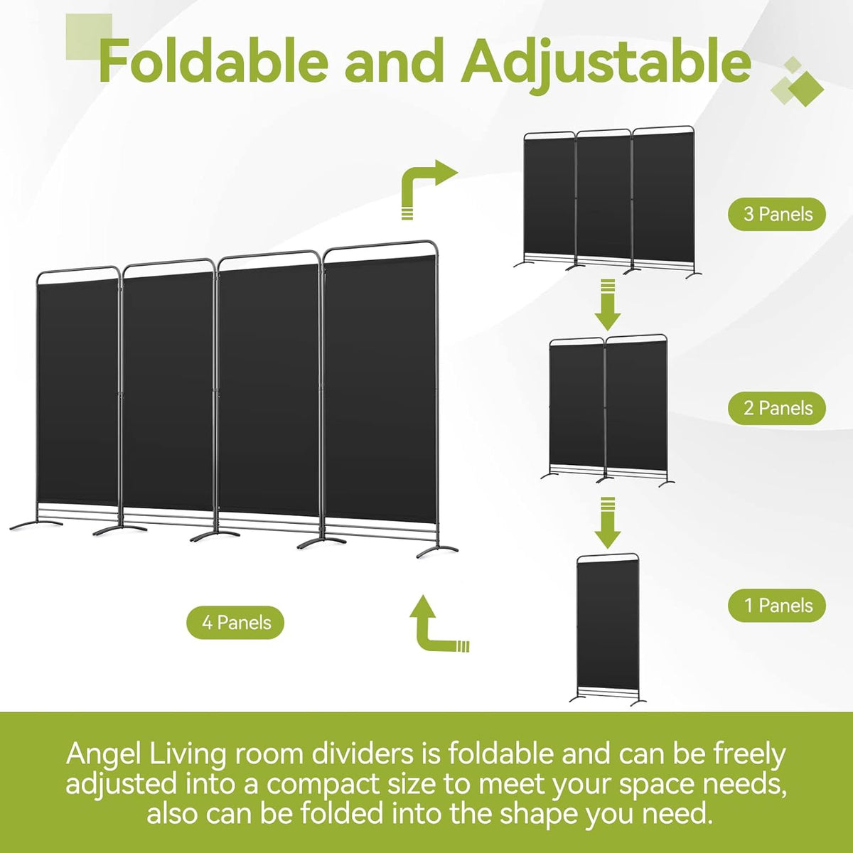 Angel Living Paravent de chambre - 4 pièces - 324x180 cm - Pliable - Acier et polyester - Autoportant - Séparation de pièces et intimité - Noir