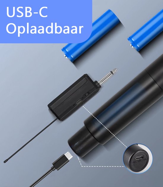 Tech Essentials Microphone sans fil - USB-C rechargeable - Portée extra - Karaoké - ASMR - Studio - Convient à la boîte de fête - Jack 3,5-6,3 mm