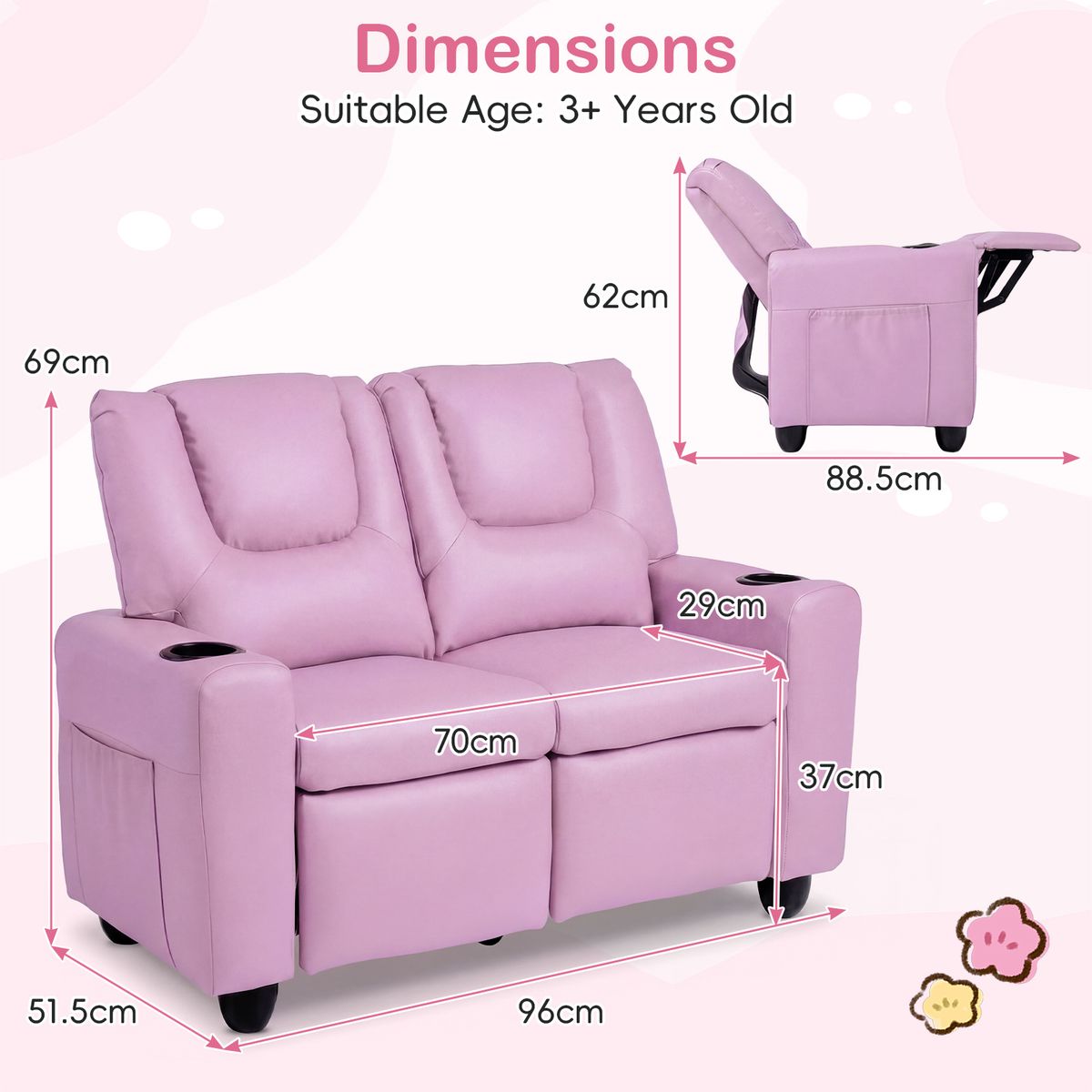 Banc pour enfants Coast avec fonction d'inclinaison - double assise - porte-gobelets - rose 54 x 94 x 68 cm