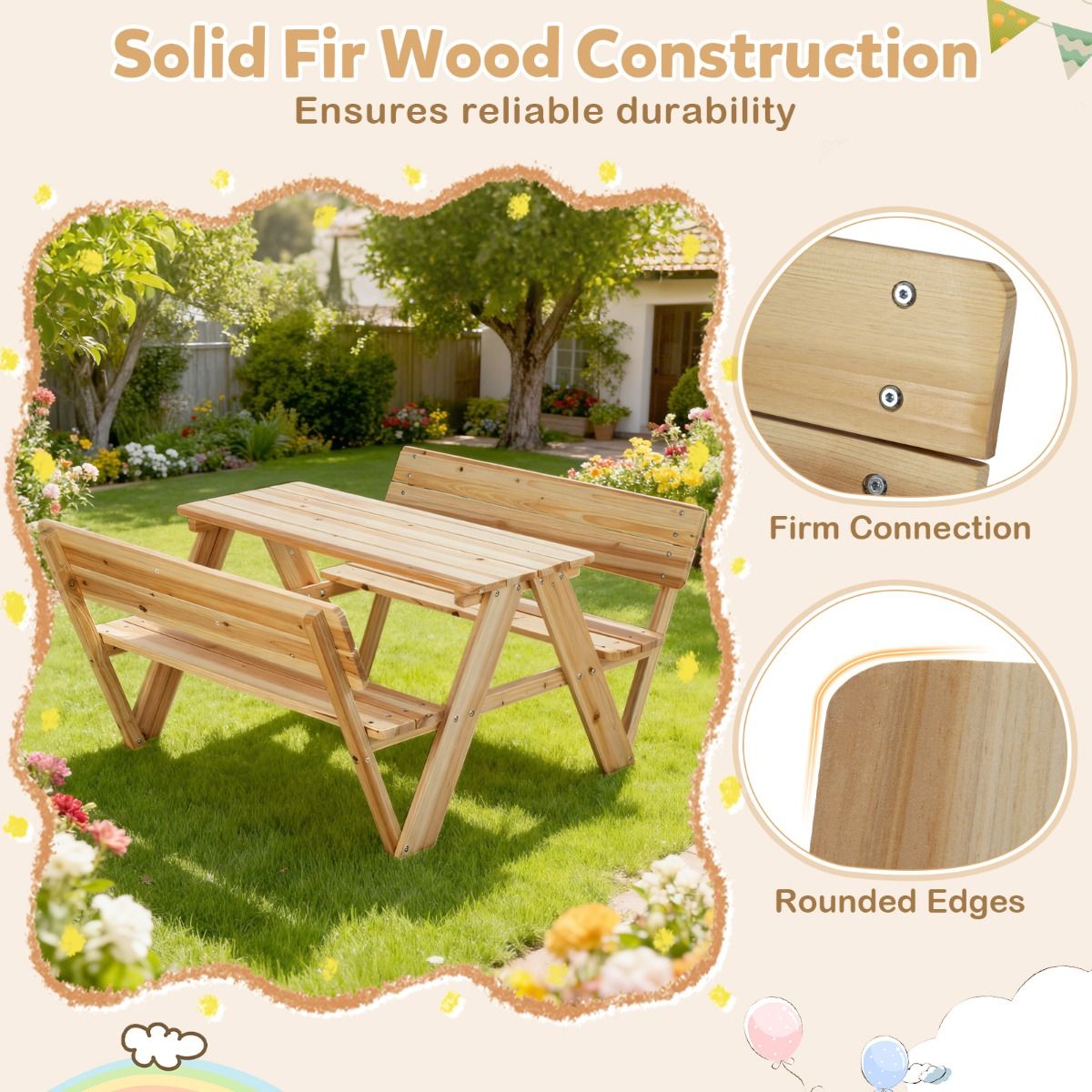 Table de pique-nique pour enfants Coast - ensemble de table et bancs en bois pour tout-petits - avec dossier - couleur naturelle