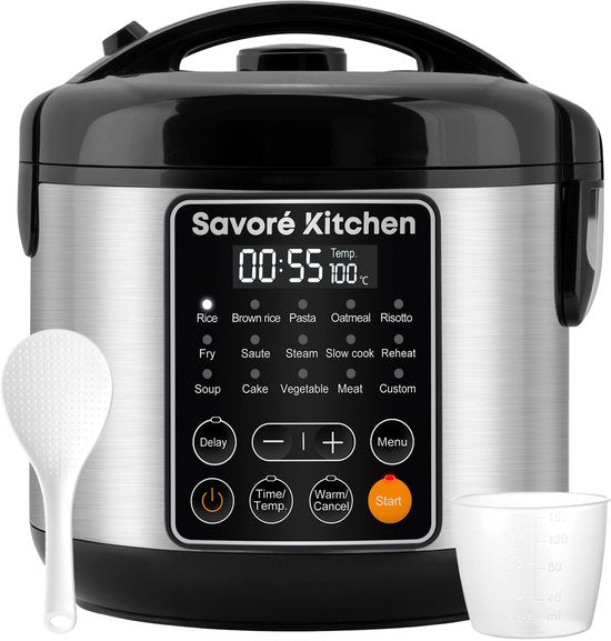 Savoré Kitchen Rice Cooker with Steamer - 3L - 14 Programmes - Multicooker - Rice Cooker - Slow Cooker - PFAS Free - Black stainless steel