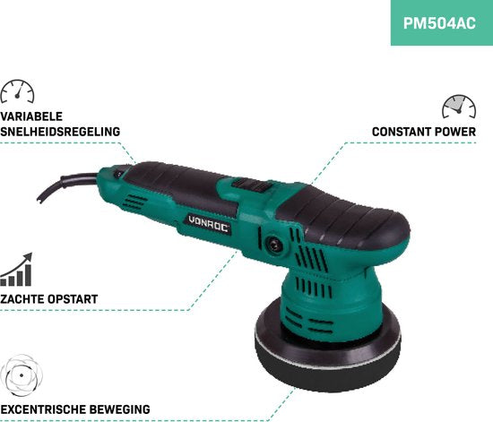 VONROC Polisseuse excentrique - Polisseuse - 650W - Ø125mm - Démarrage progressif - Puissance fixe & 1 disque de polissage