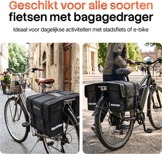 Sacoches de vélo doubles Brixy - Sacoches de vélo imperméables - 45 L - Avec bandes réfléchissantes - Vélo électrique - Noir