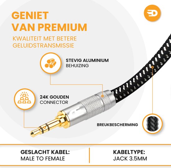 Drivv. Premium AUX Extension Cable - 3 mètres - Jack Male to 3.5 mm Female - Audio Extension Cable - Jack Extension Cable - Nylon