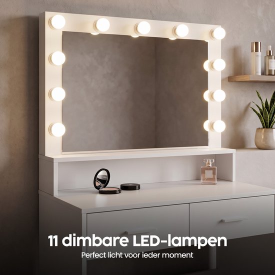 Table de maquillage Infinity Goods - Avec miroir et 11 lampes LED - Nombreux rangements - Intensité lumineuse réglable - Blanche