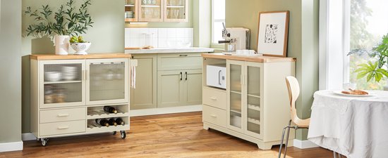 SoBuy - Buffet à tiroirs - 120 x 40 x 90 cm & avec portes en verre - équipé d'étagères intérieures et d'un porte-bouteilles - pour la cuisine, le salon ou l'entrée - Mdf laqué beige