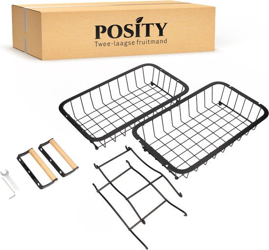 Posity Fruit Bowl 2 Layer - Fruit Basket - Fruit Etagere - Vegetable Basket - Wire Basket - Fruit Rack - Wood & Metal - Black