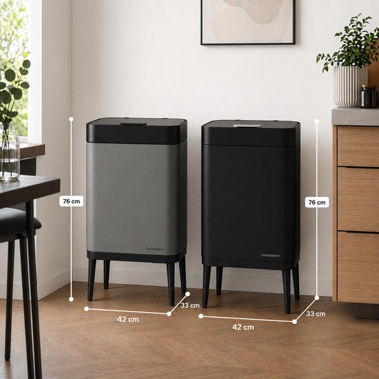 Poubelle 60 litres - Avec anneaux de tri sélectif 2 x 30 litres - 2 compartiments - Acier inoxydable - Gris graphite - 42 x 33 x 76 cm - STAUS&BACH Nuvio