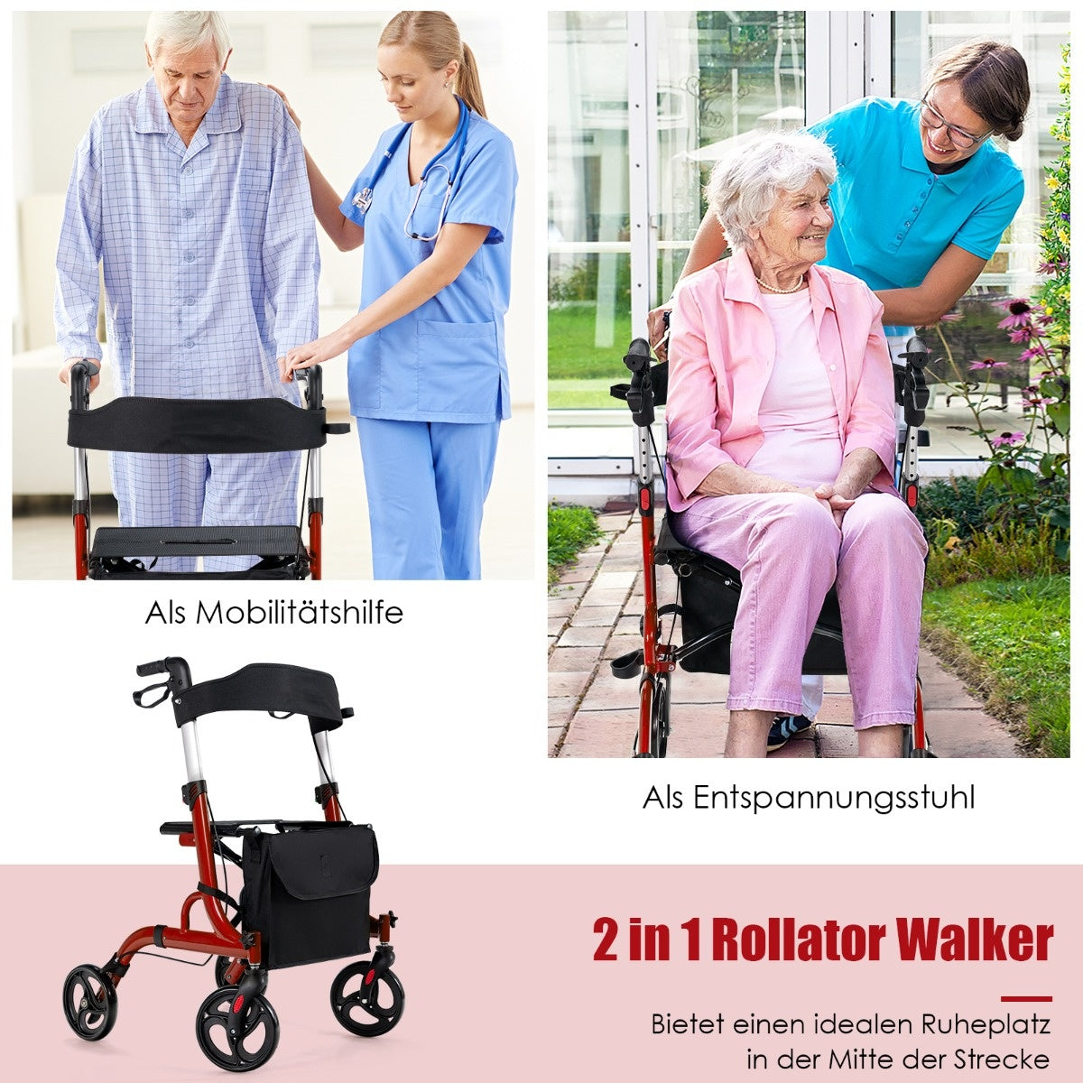 Coast 2-in-1 fauteuil roulant et déambulateur de voyage avec siège, sac et support d'emplacement pliable et rouge clair