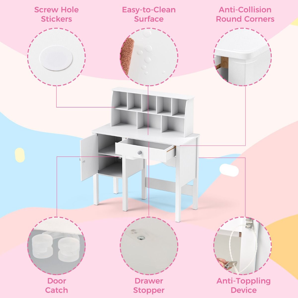 Bureau pour enfant Coast avec chaise - nombreux rangements - dispositif anti-basculement - blanc