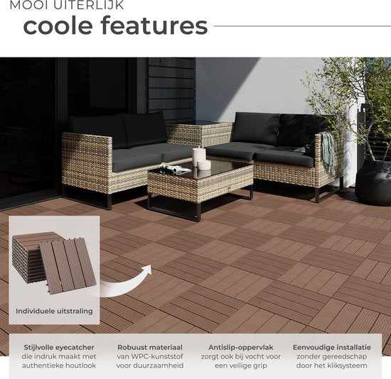 tectake® WPC wood tiles - Dalles aspect bois - Résistant aux intempéries - Sol extérieur - Dalles de sol - Sol de balcon - Dalles de terrasse avec système click - Drain - Lot de 11 - Marron